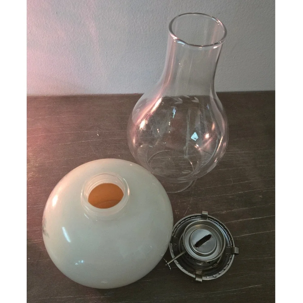 Vintage Lamplight Farms Oil Lamp Blue Floral Milk Glass Princess House Chimney